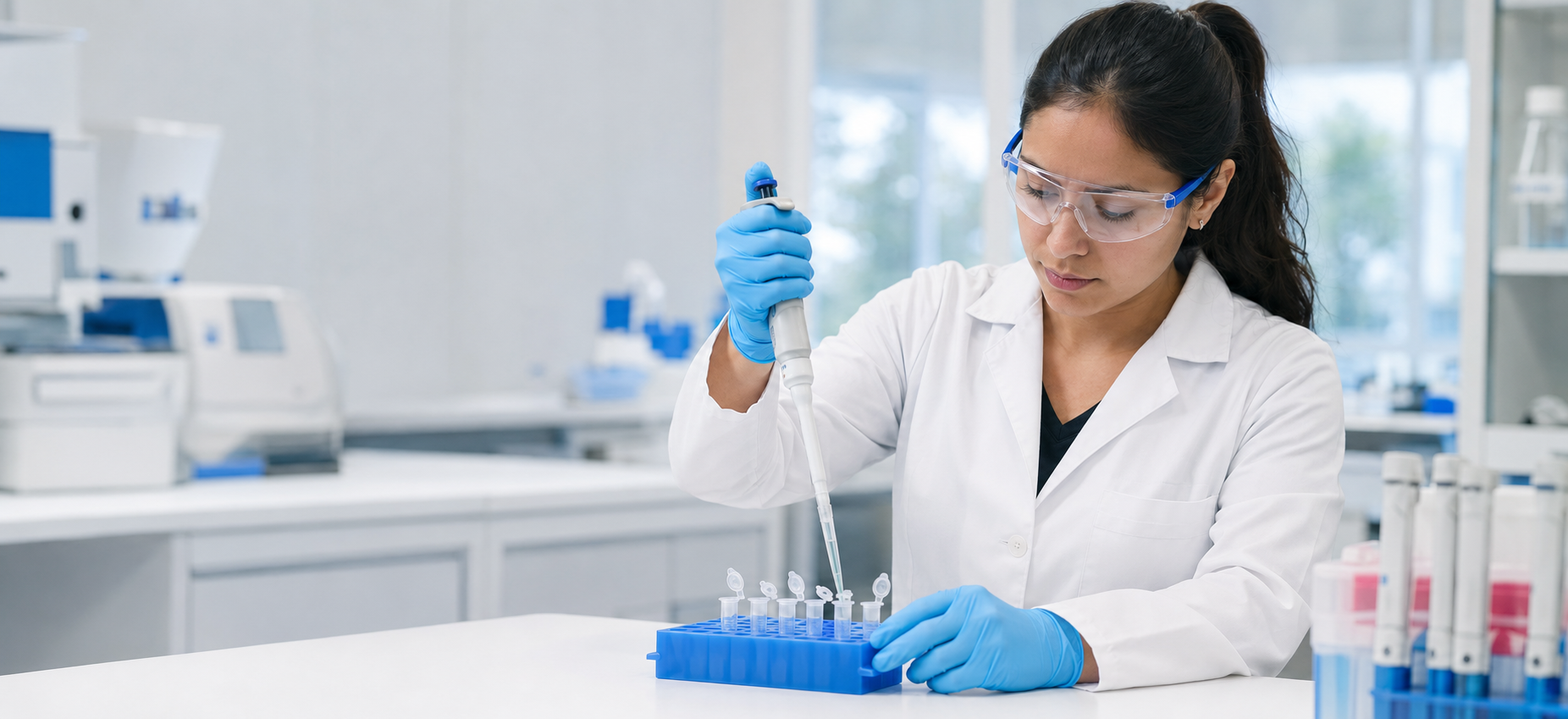 Profesional de laboratorio aplicando buenas prácticas de pipeteo